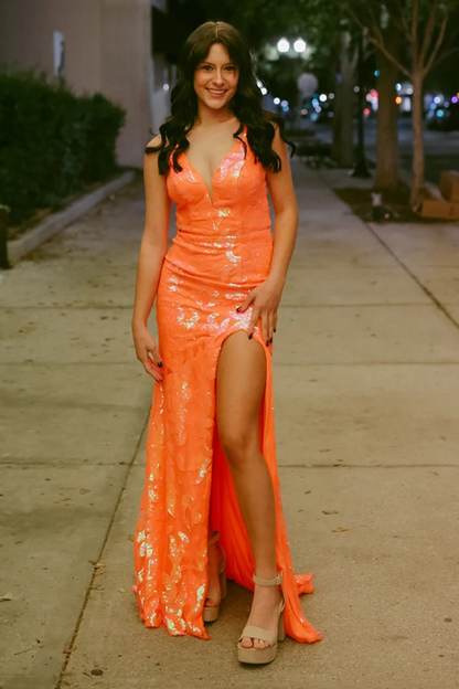 Orange V Neck Sequins Mermaid Long Prom Dresses