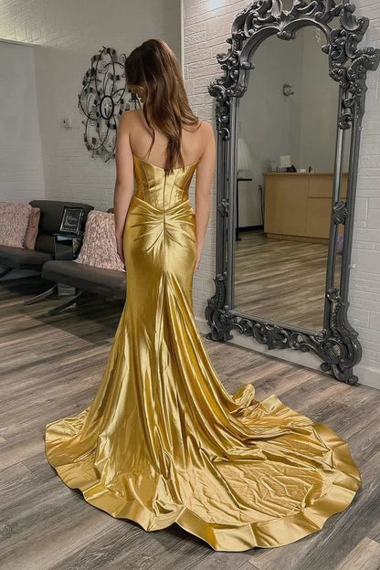 Mermaid Strapless Gold Satin Mermaid Prom Dresses