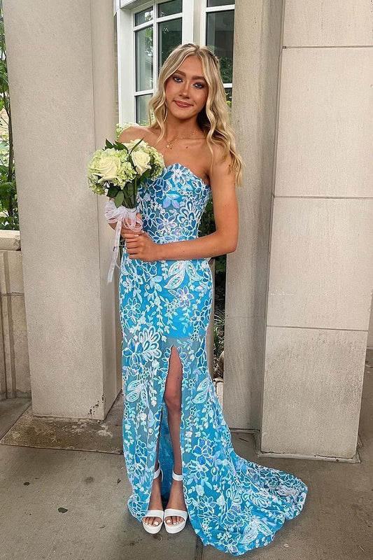 Blue Sequins Strapless Long Mermaid Prom Dresses