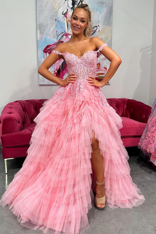 Pink Off the Shoulder Tiered Tulle Long Prom Dresses with Appliques