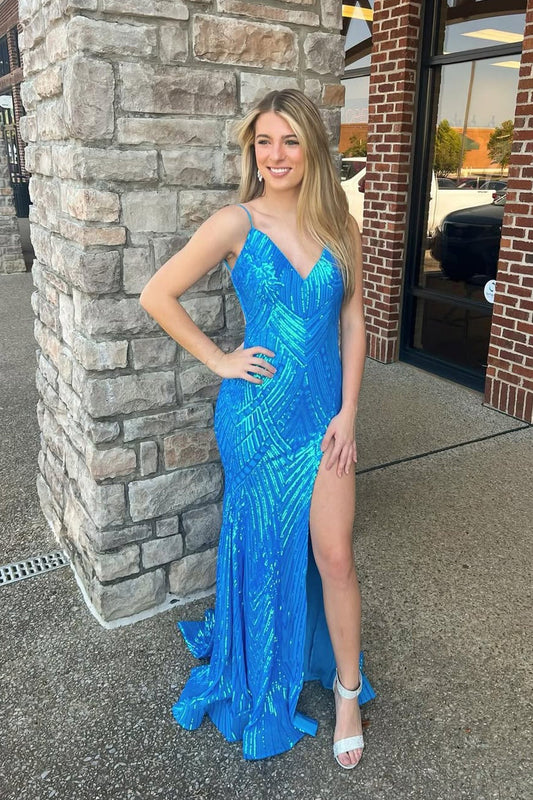 V Neck Mermaid Blue Sequins Lace Slit Prom Dresses