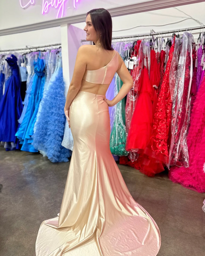 Silk Satin One Shoulder Mermaid Long Champagne Prom Dresses