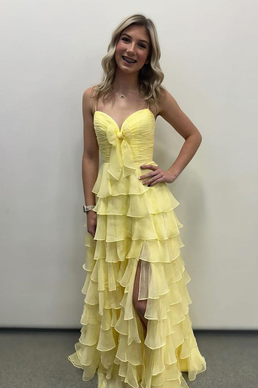 A Line Sweetheart Yellow Chiffon Prom Dresses