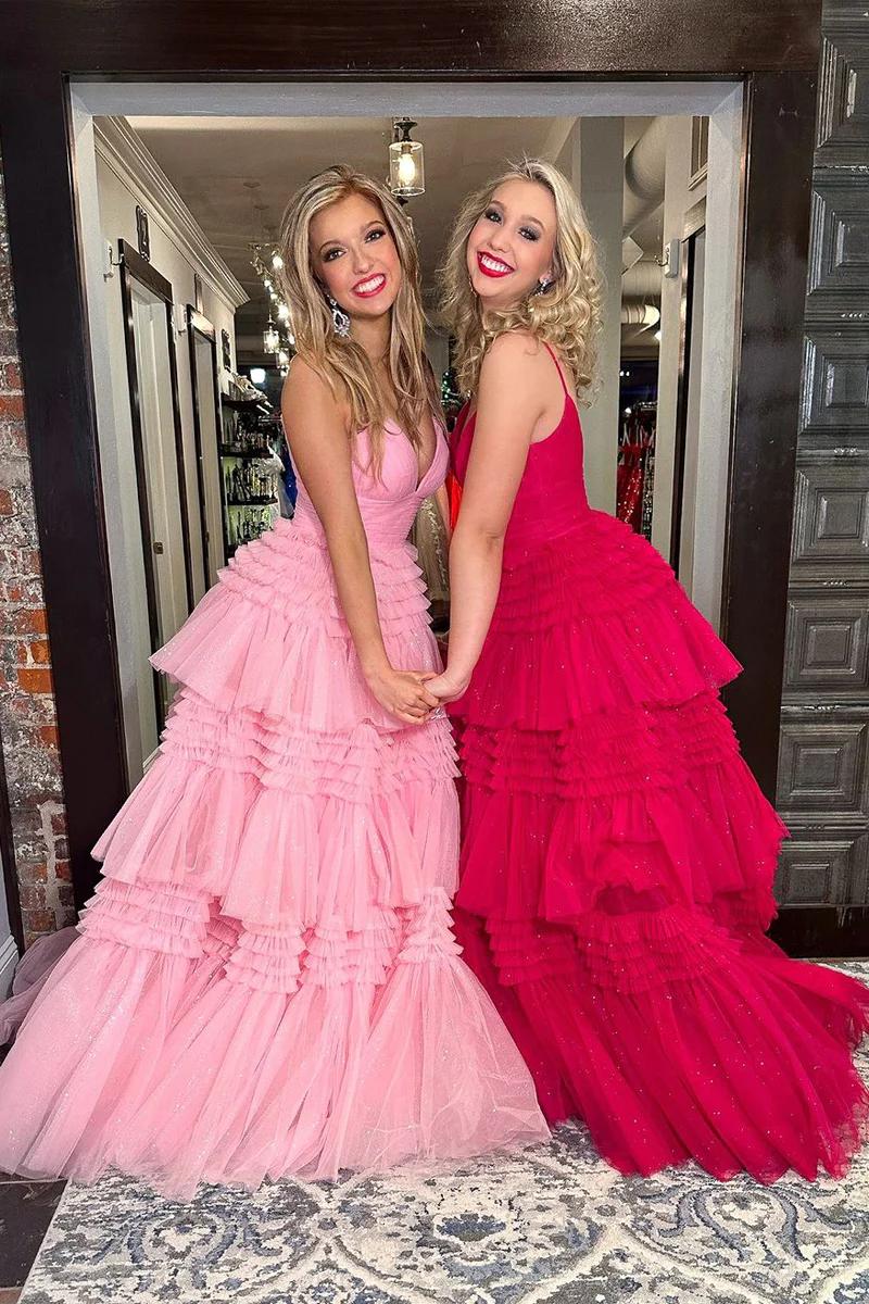 Pink V Neck Tiered Tulle Long Prom Dresses