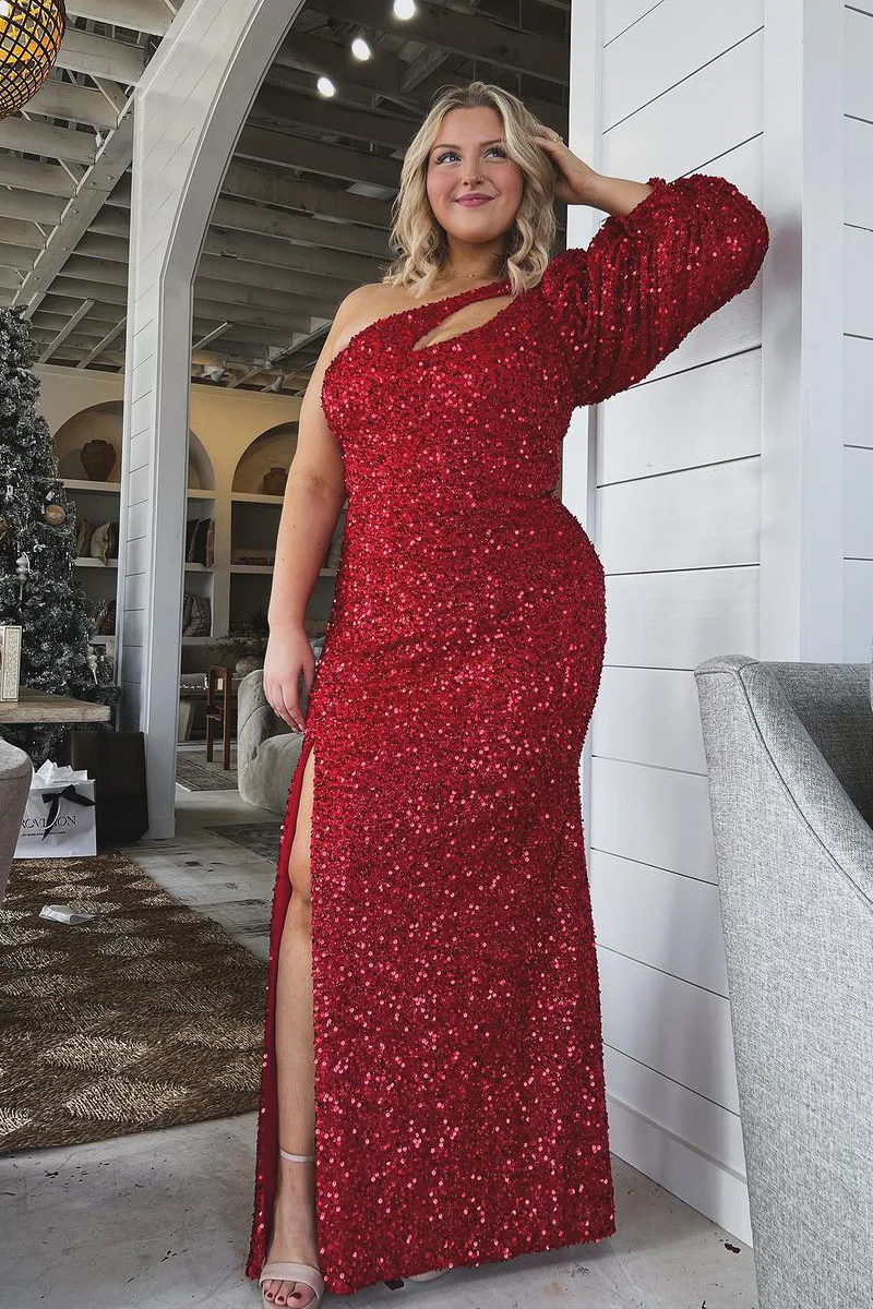 Red Sequins One Shoulder Mermaid Long Prom Dresses,BD93167