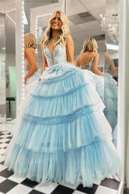 Sky Blue V Neck Ruffle Tiered Tulle Long Prom Dresses