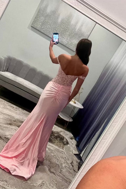 Charming Mermaid Off the Shoulder Pink Satin Prom Dresses