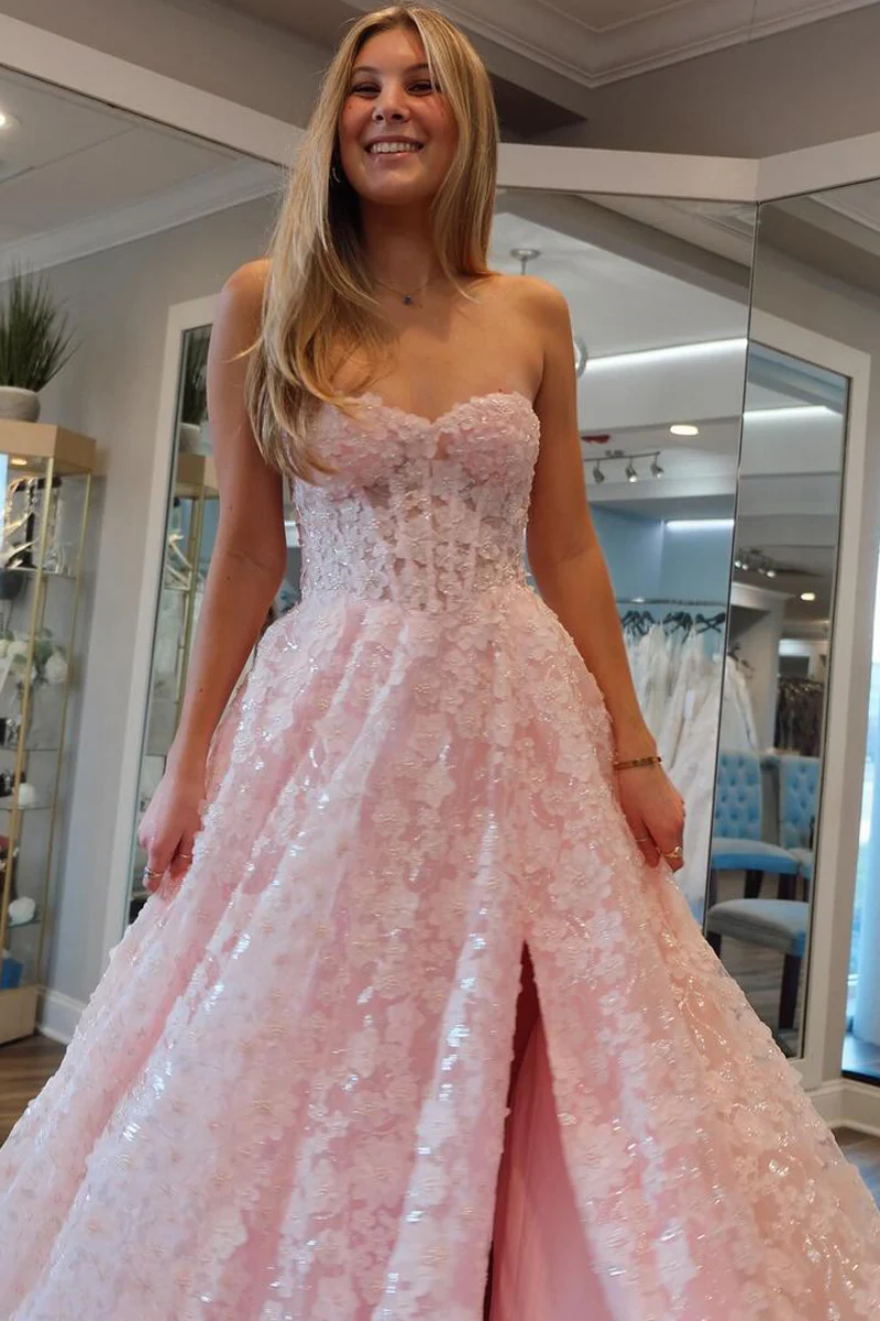 Cute Pink Flowers Lace  A-Line Long Prom Dresses