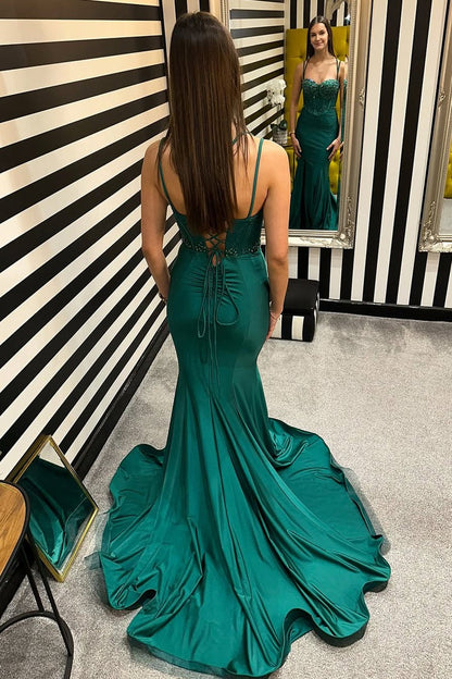 Mermaid Dark Green Elastic Satin Long Sweetheart Prom Dresses