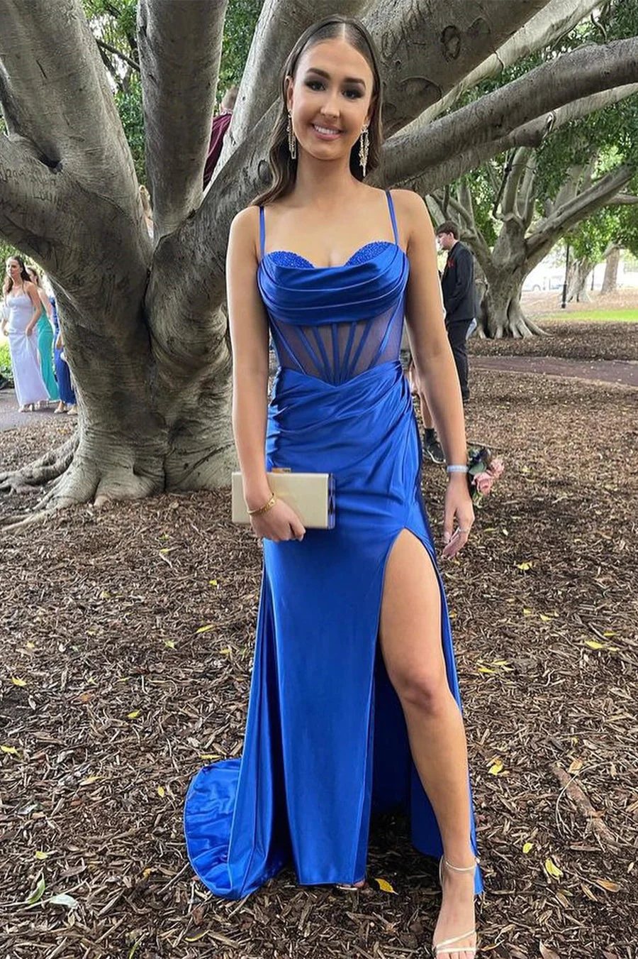 Royal Blue Cowl Neck Sheer Bodice Long Formal Dresses