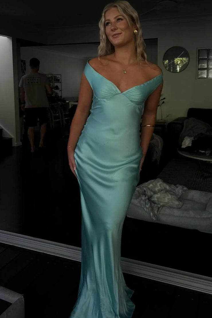 Charming Sheath Off the Shoulder Mint Silk Satin Long Prom Dresses