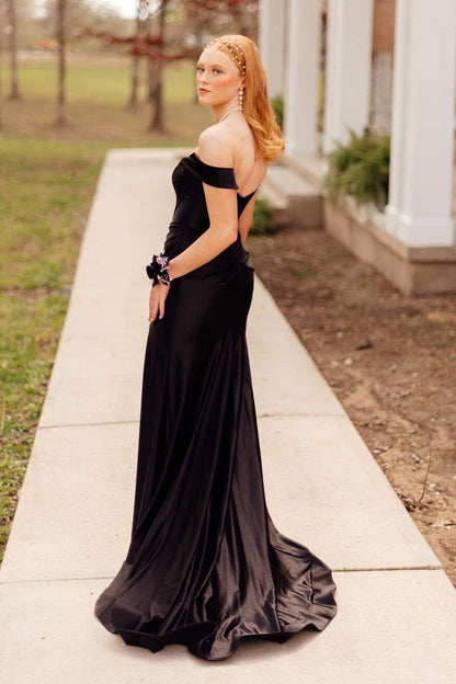 Black Off the Shoulder Satin Mermaid Long Prom Dresses