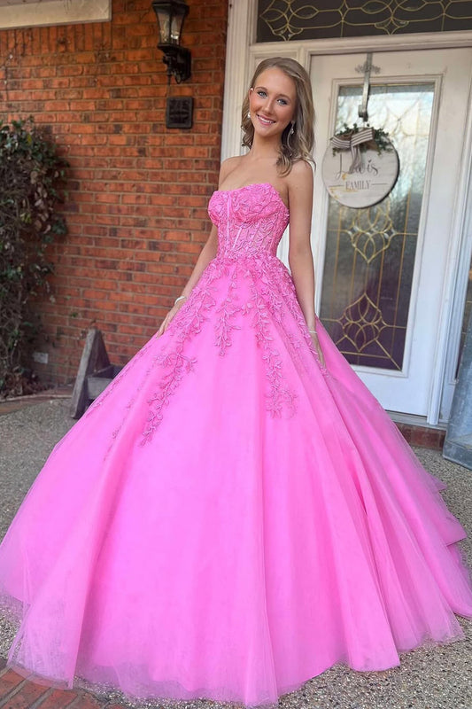 A-Line Strapless Pink Tulle Long Prom Dresses