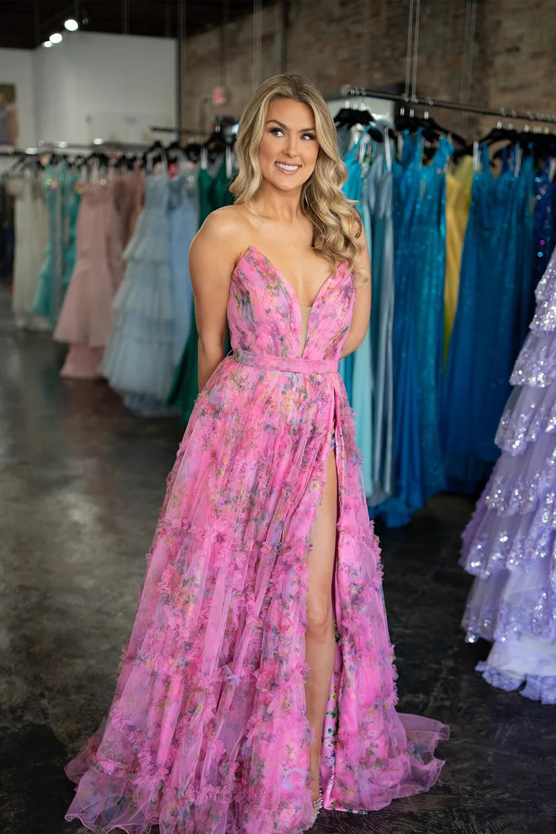 Unique A-Line Strapless Floral Printed Long Prom Dresses,BD93330