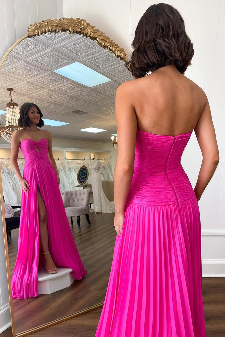 Hot Pink Strapless Keyhole Pleated A-Line Prom Dresses