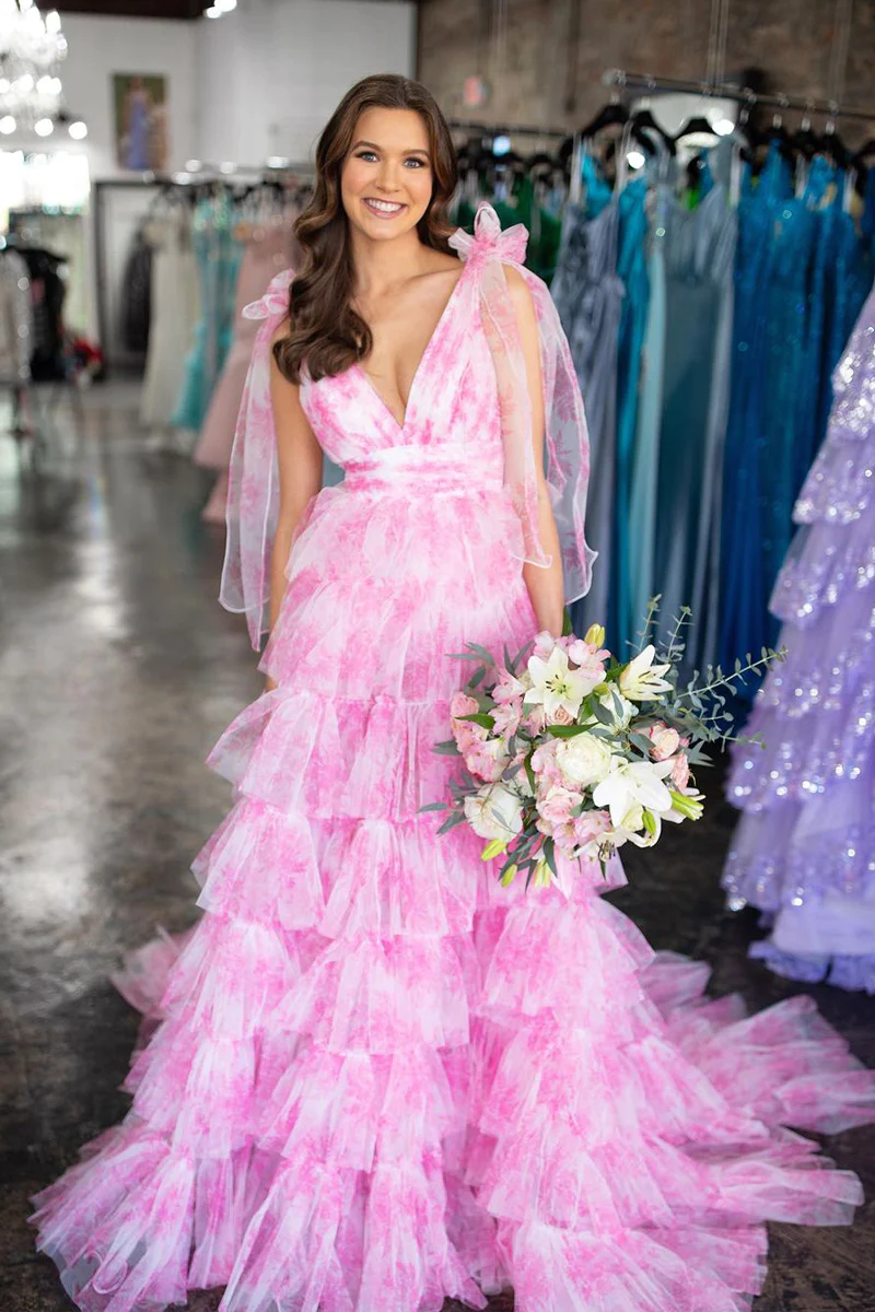 Pink Floral Printed V Neck Ruffle Tiered Long Prom Dresses