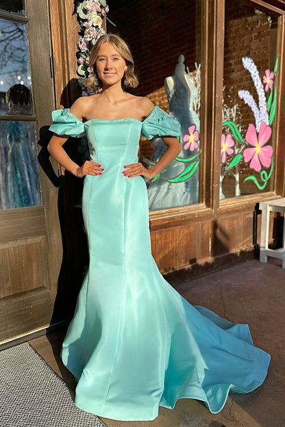 Mermaid Off the Shoulder Mint Satin Prom Dresses