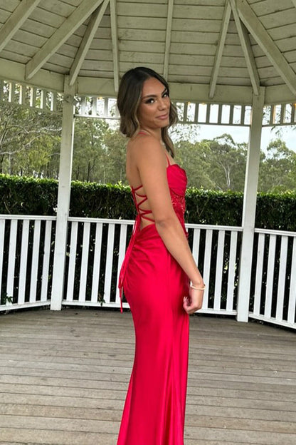 Scoop Neck Red Satin Slit Mermaid Prom Dresses