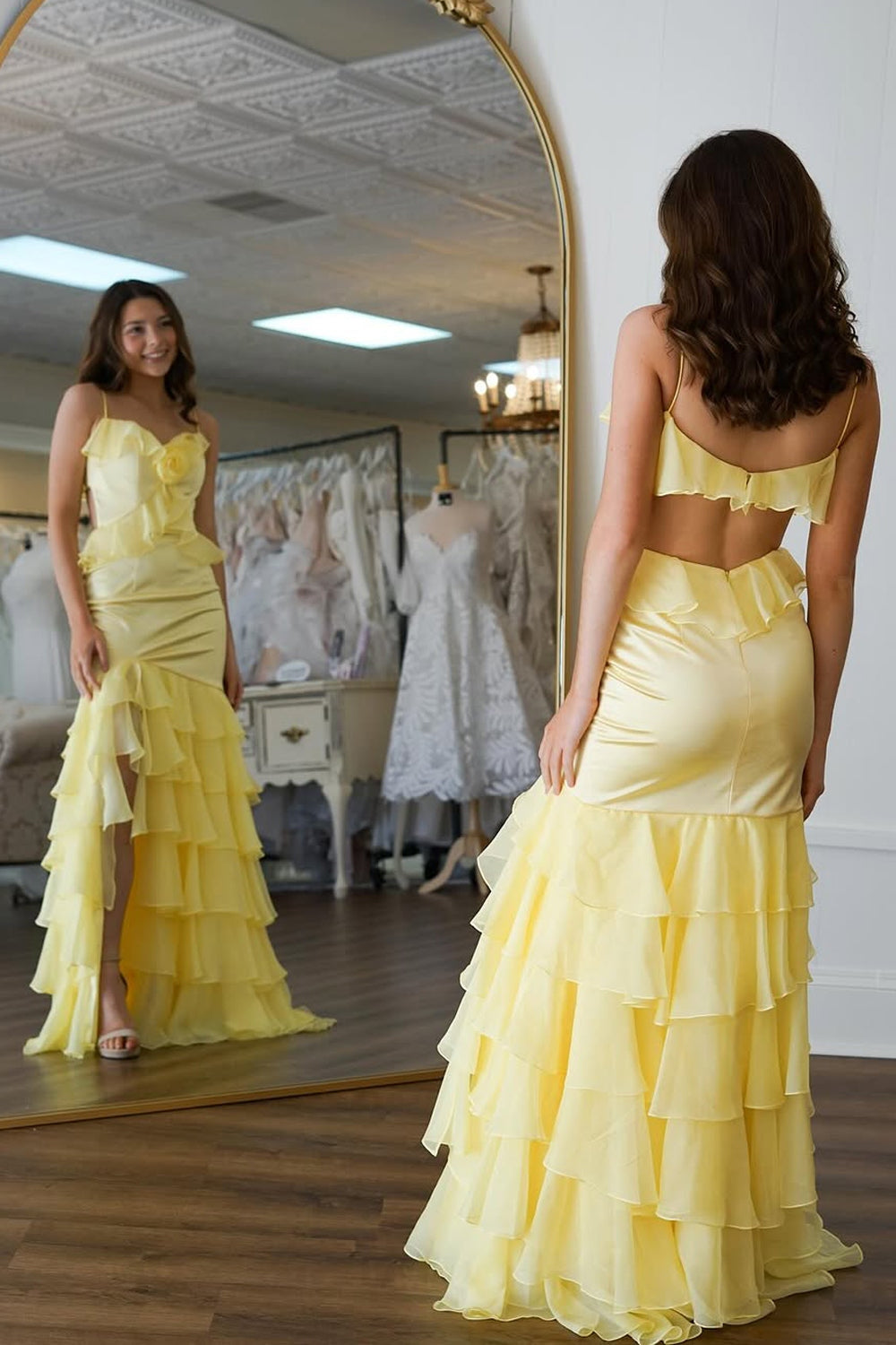 Mermaid Spaghetti Straps Yellow Ruffle Chiffon Long Prom Dresses