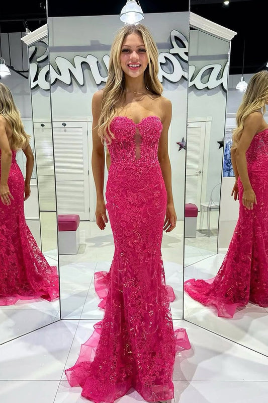 Charming Mermaid Sweetheart Keyhole Fuchsia Lace Prom Dresses