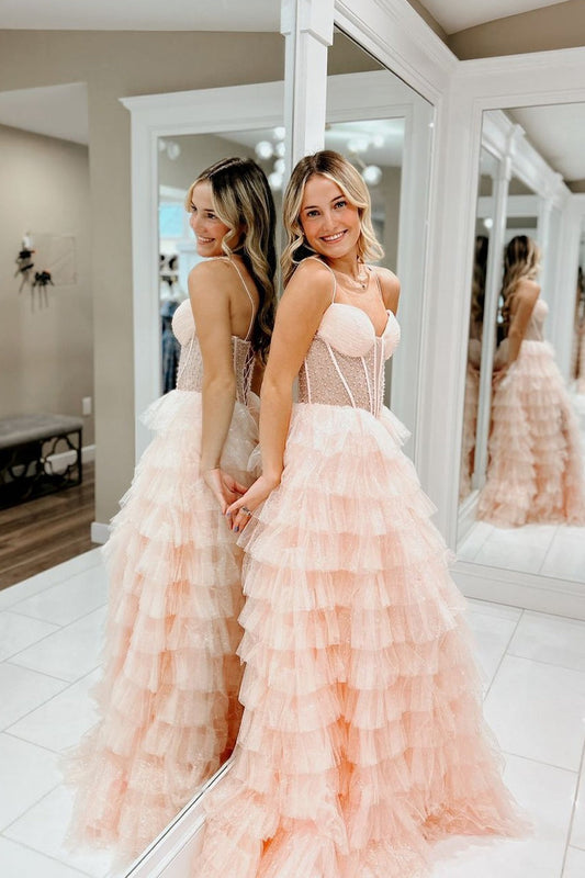 A Line Straps Glitter Tiered Long Tulle Prom Dresses