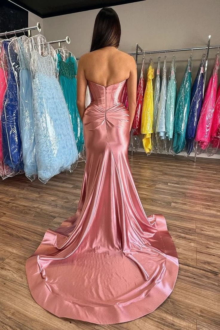 Mermaid Strapless Gold Satin Mermaid Prom Dresses