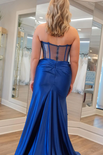 Mermaid Strapless Navy Blue Satin Long Prom Dresses