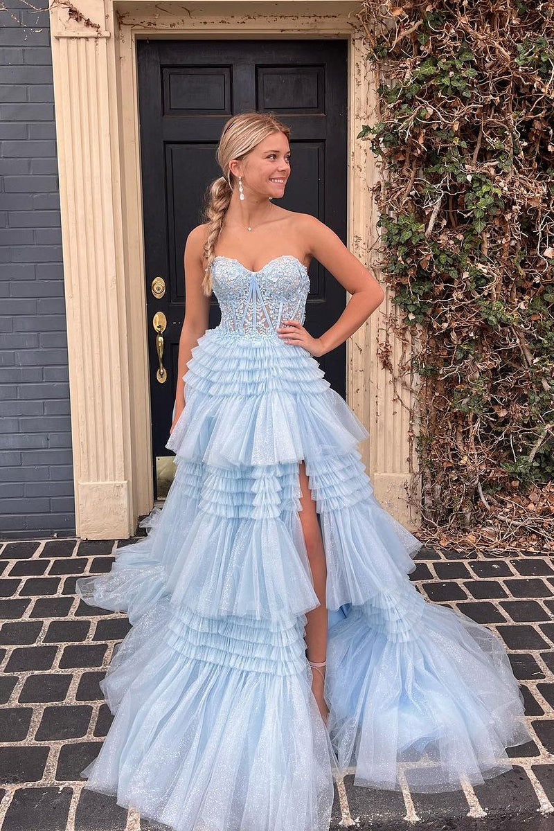 Blue Strapless Ruffle Tiered Tulle Long Prom Dresses