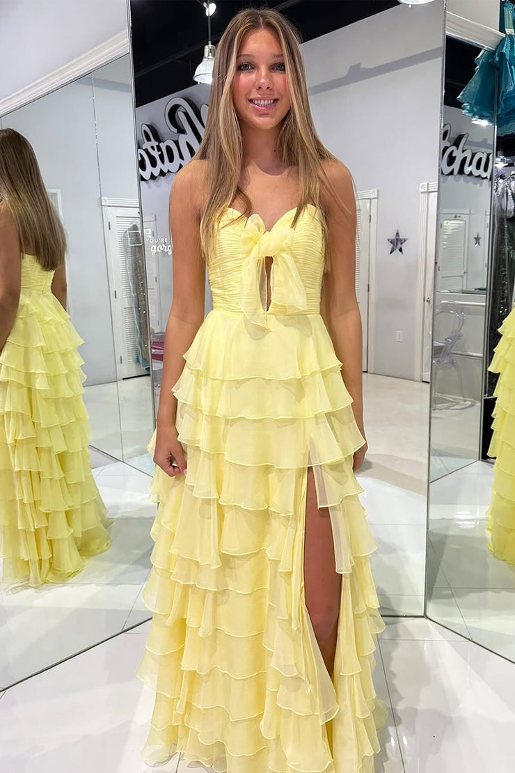 Elegant A Line Keyhole Yellow Chiffon Tiered Sweetheart Prom Dresses