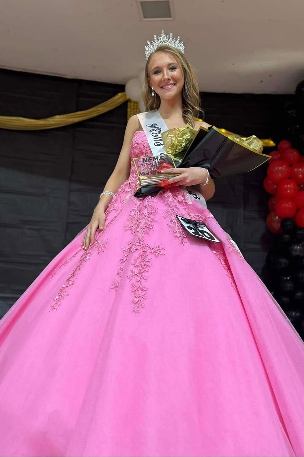 A-Line Strapless Pink Tulle Long Prom Dresses