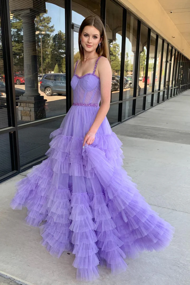 Lilac Sweetheart Ruffle Tulle A-Line Long Prom Dresses