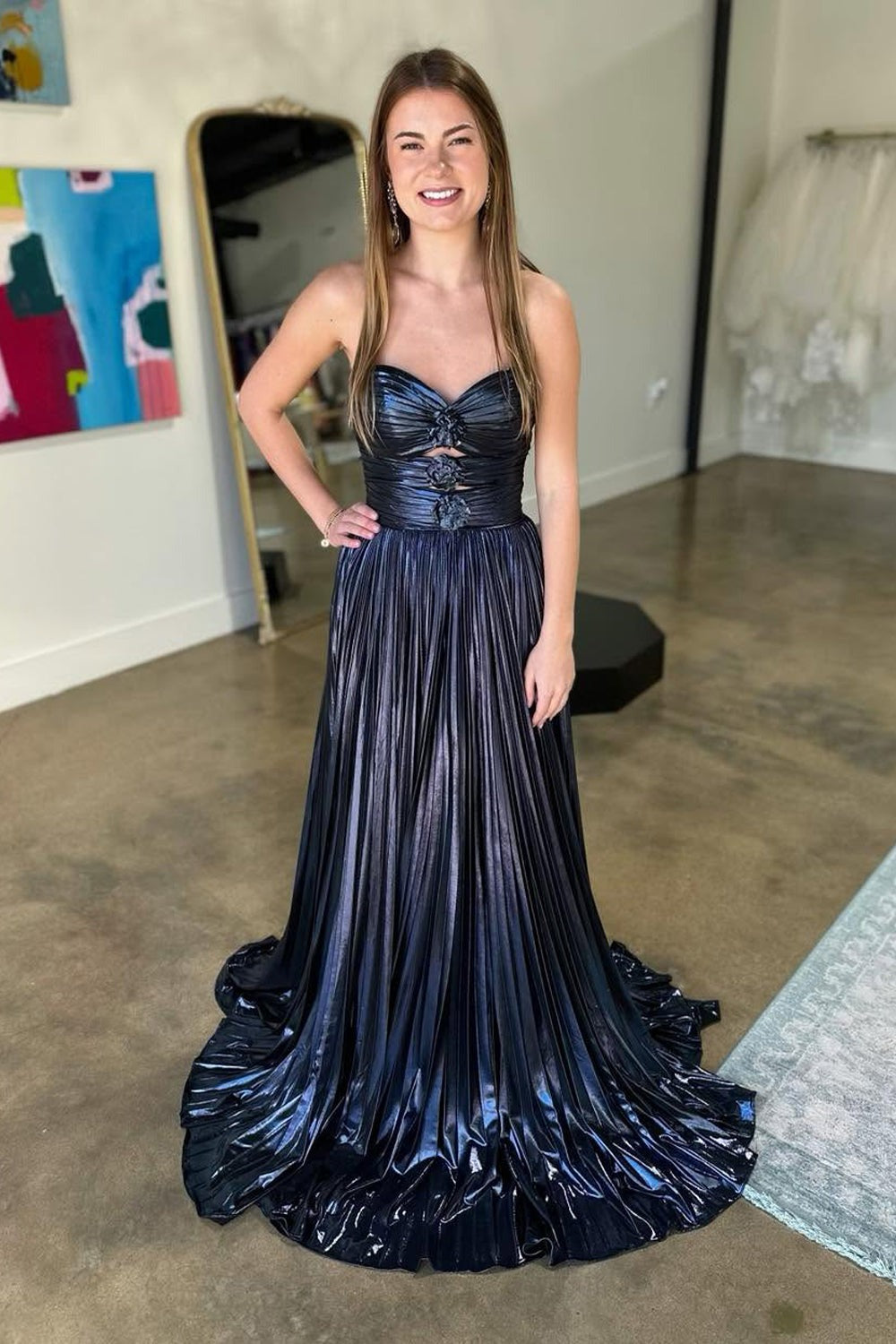 Sweetheart A Line Keyhole Black Metallic Satin Long Prom Dresses