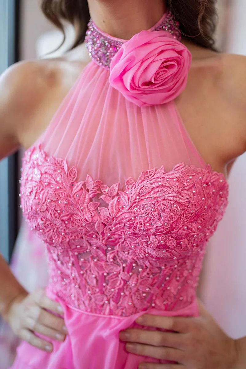 Pink Halter Tiered Chiffon Long Prom Dresses with Appliques,BD93283