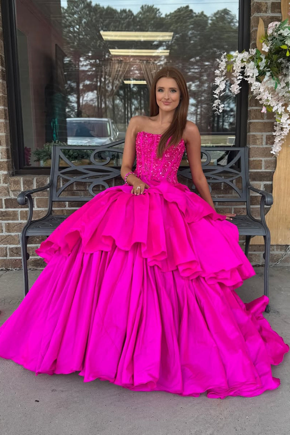 Fuchsia A Line Strapless Satin Prom Dresses