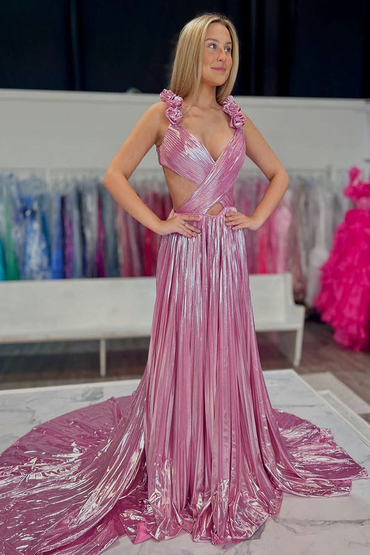 A Line V Neck Pink Pleat Metallic Satin Long Prom Dresses