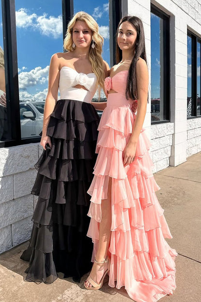 A Line Sweetheart White Black Chiffon Tiered Long Prom Dresses