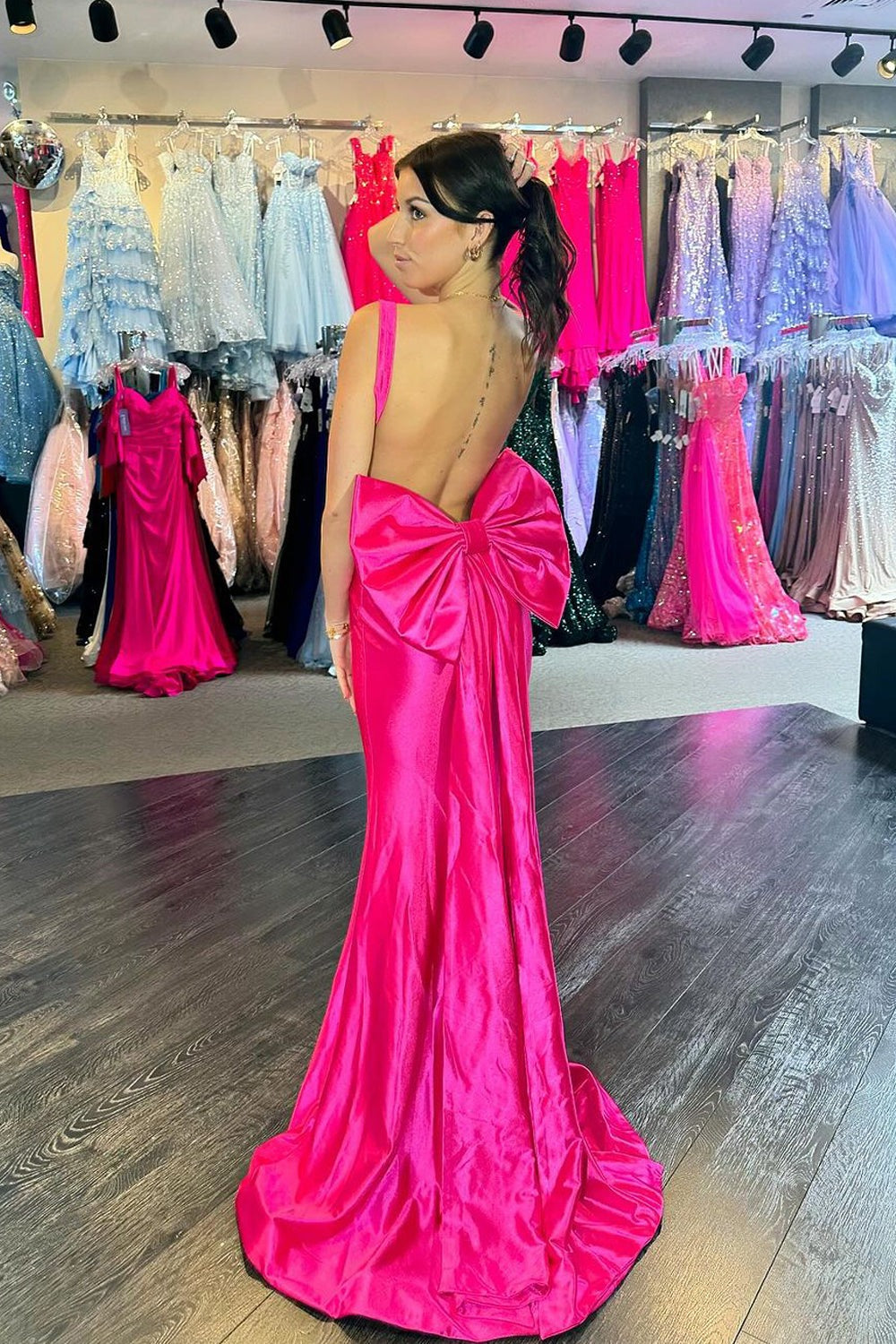 Charming Long Mermaid Straps Fuchsia Satin Prom Dresses