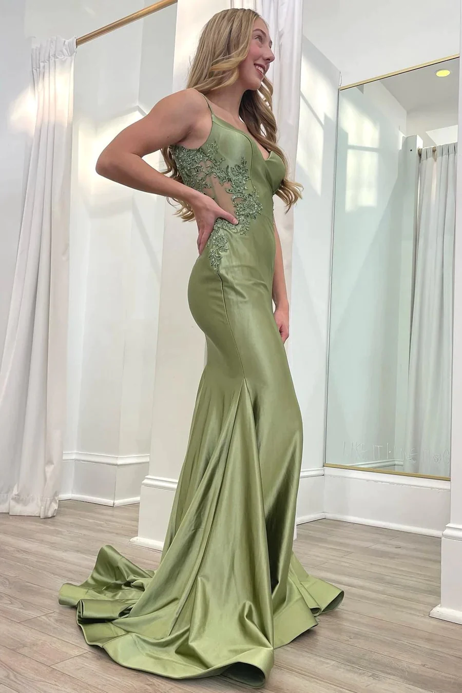 Sage Green Spaghetti Strap Backless Trumpet Long Gown,BD93217