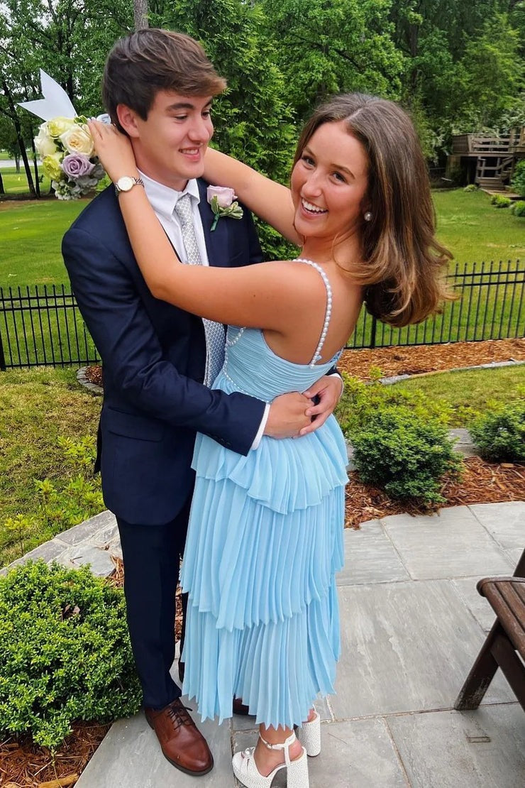 A Line Sweetheart Light Blue Pleat Chiffon Long Prom Dresses