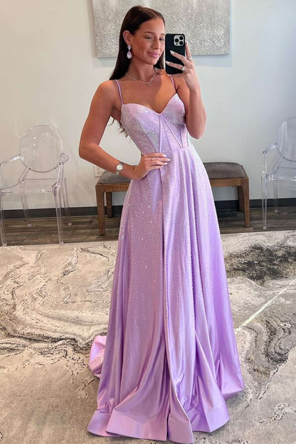 Strapless Lilac Corset A-Line Prom Dresses with Rhinestones