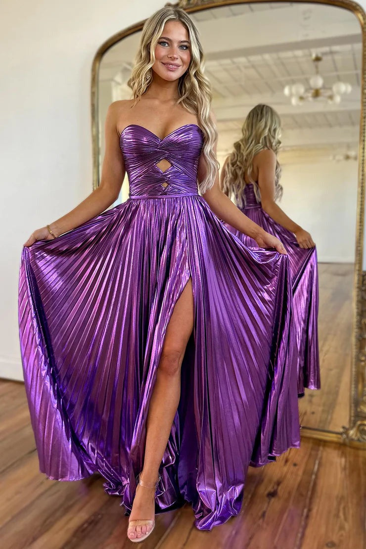 A Line Purple Metallic Satin Pleat Sweetheart Prom Dresses