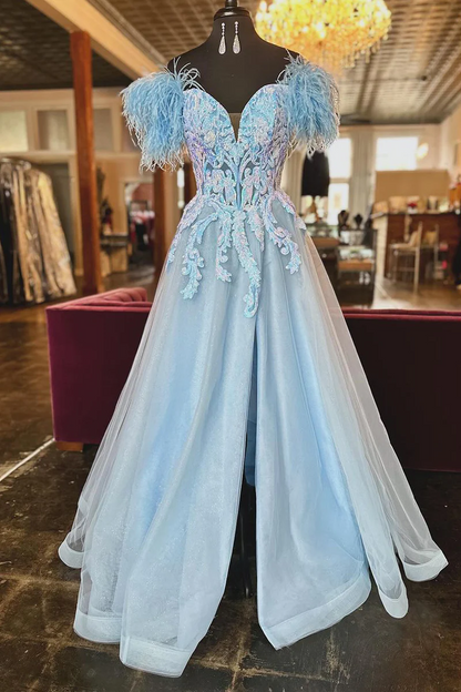 Light Blue Off the Shoulder Sequin Long Lace Prom Dress