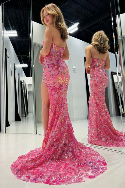 Pink Strapless Sequin Lace Mermaid Long Prom Dresses