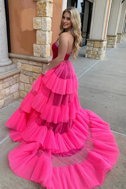 Fuchsia Strapless Beaded Mermaid Long Prom Dresses