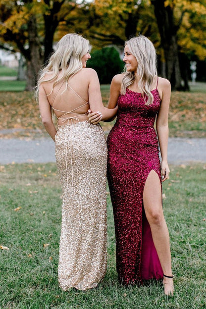 Champagne Sequins Scoop Neck Mermaid Long Prom Dresses