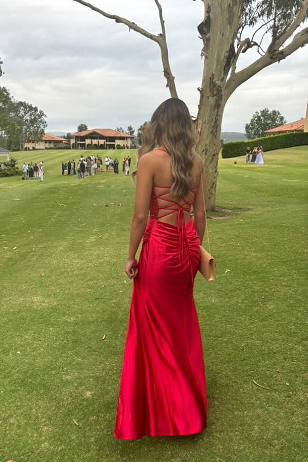 Scoop Neck Red Satin Slit Mermaid Prom Dresses