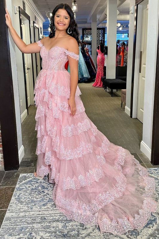 Fairy Ball Gown Off the Shoulder Tulle Pink Prom Dresses