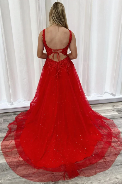 Red Appliques Square Neck Lace-Up A-Line Long Prom Dresses