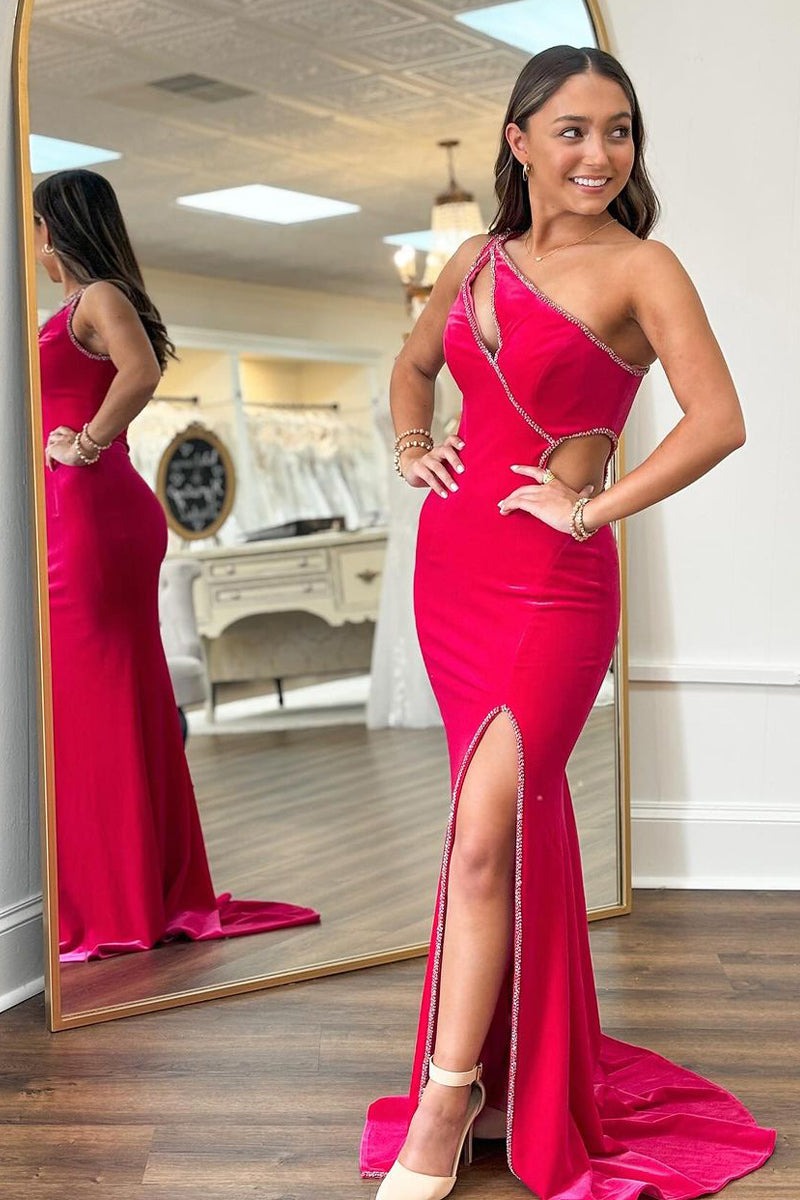 Red Velvet Mermaid Long One Shoulder Prom Dresses,BD93386