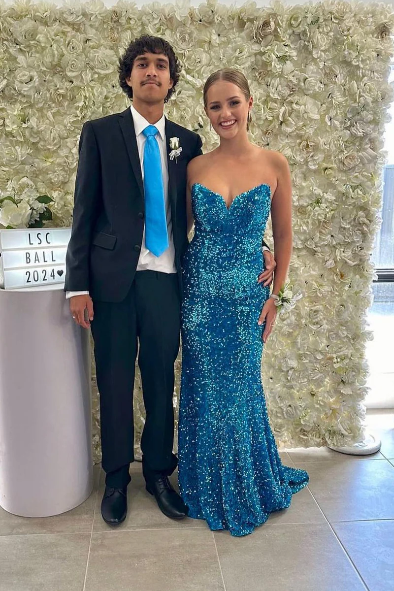 Mermaid Strapless Blue Sequins Long Prom Dresses,BD93327